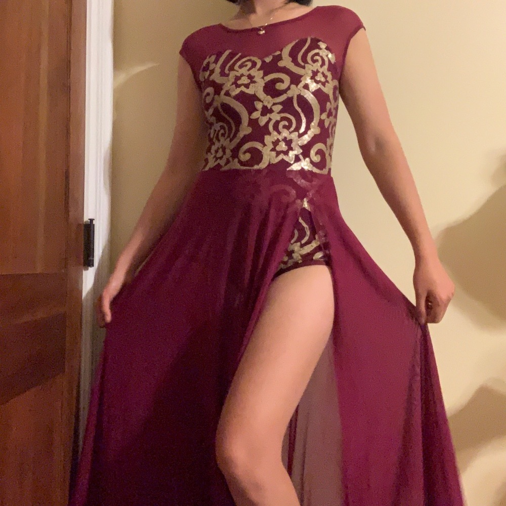 Burgundy dance leotard sequin dress